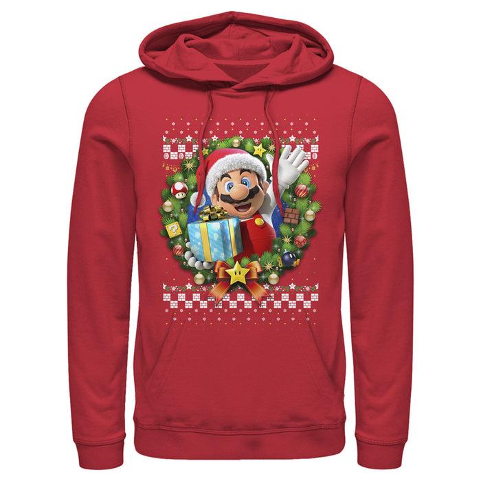 fifth sun Men's Nintendo Ugly Christmas Mario Wreath Pull Over Hoodie