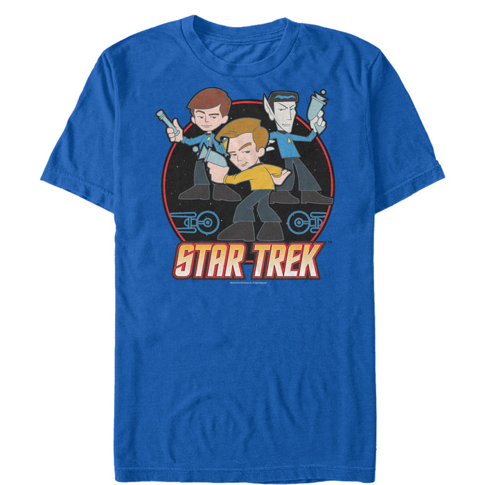 fifth sun Men's Star Trek Cartoon Kirk Spock & Bones With Phasers T-Shirt
