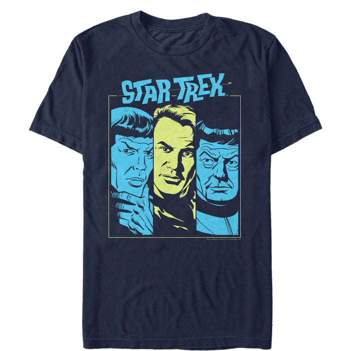 fifth sun Men's Star Trek Cartoon Spock Kirk Bones Panels T-Shirt