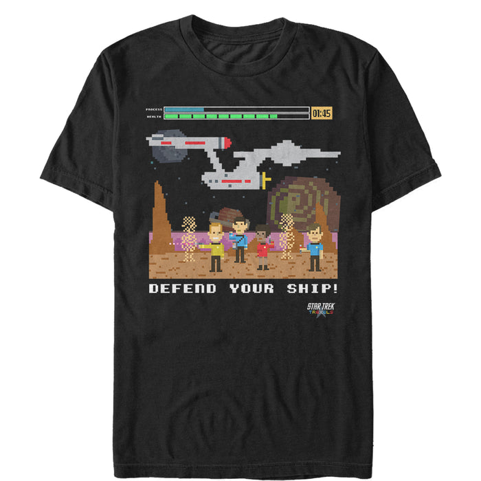 fifth sun Men's Star Trek Defend Your Ship Pixel Video Game T-Shirt