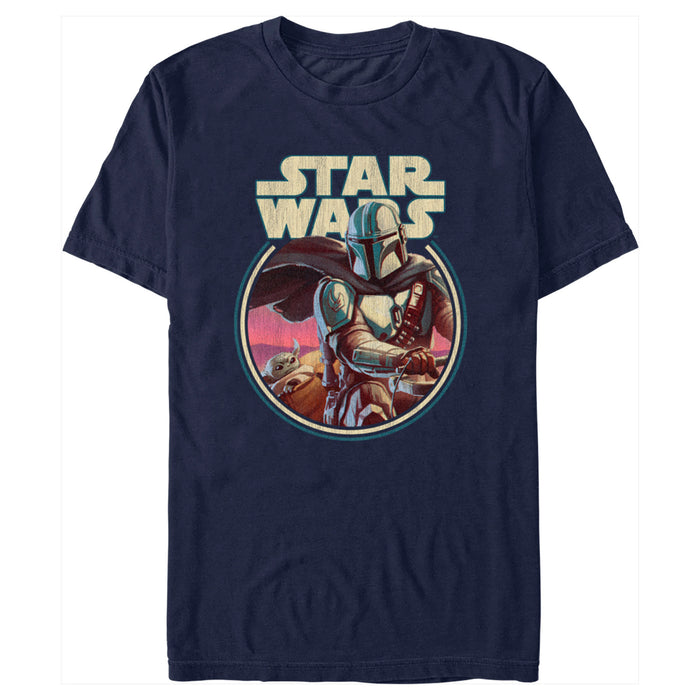 fifth sun Men's Star Wars: The Mandalorian Grogu and Din Djarin Retro Circle T-Shirt