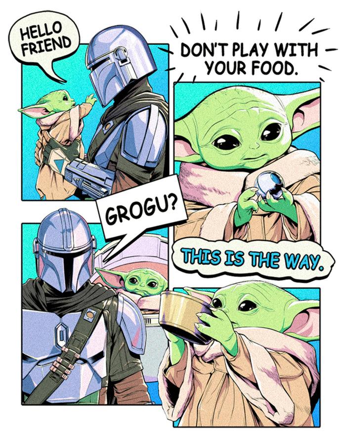 Fifth Sun Men's Star Wars: The Mandalorian Grogu And Din Djarin Comic Strip T-Shirt