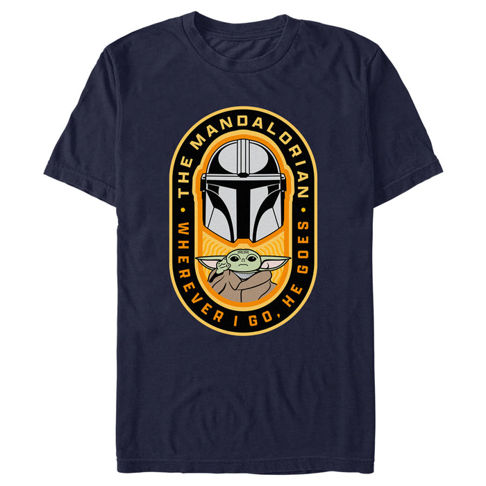 fifth sun Men's Star Wars: The Mandalorian Grogu and Mando Wherever I Go He Goes Badge T-Shirt