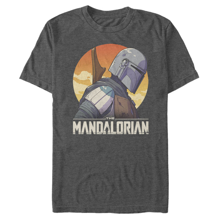 fifth sun Men's Star Wars: The Mandalorian Mando Head Down Profile Sunset T-Shirt