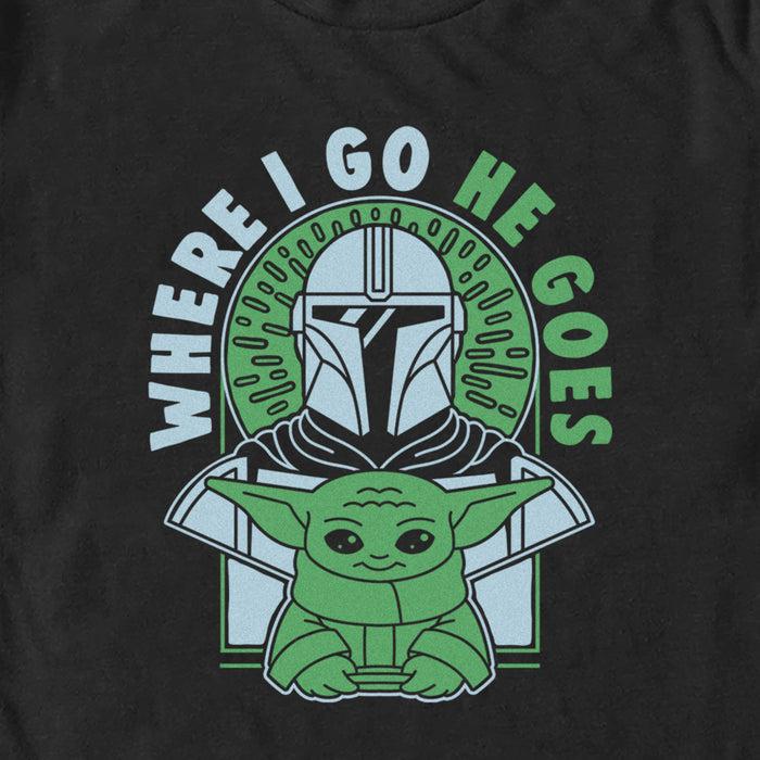 Fifth Sun Men's Star Wars: The Mandalorian Where I Go He Goes Blue And Green T-Shirt