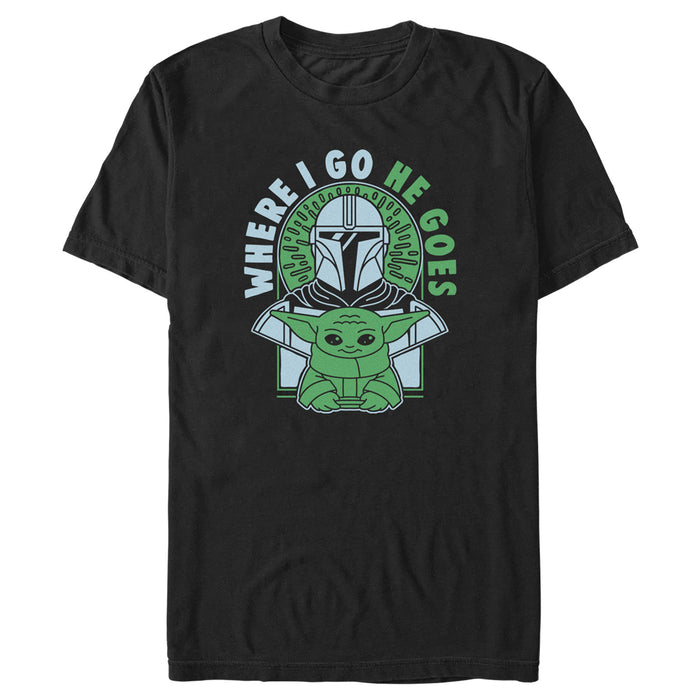 fifth sun Men's Star Wars: The Mandalorian Where I Go He Goes Blue and Green T-Shirt