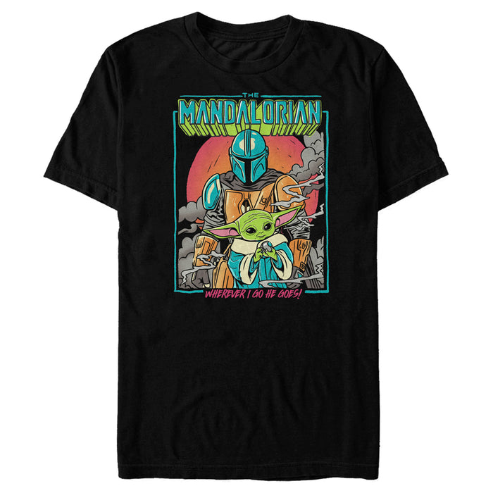 fifth sun Men's Star Wars: The Mandalorian Wherever I Go He Goes Neon Poster T-Shirt