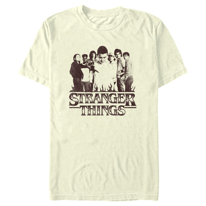 Fifth Sun Men's Stranger Things Group Shot And Flaming Logo T-Shirt