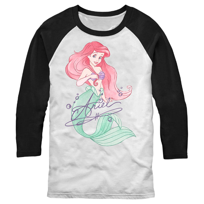 fifth sun Men's The Little Mermaid Ariel Watercolor Signature Baseball Tee