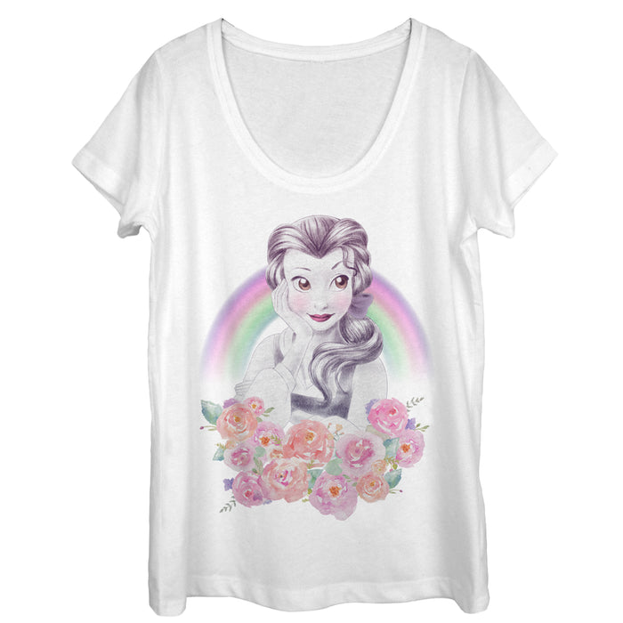 fifth sun Women's Beauty and the Beast Belle Rainbow Scoop Neck