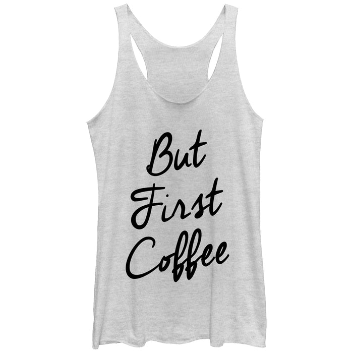 fifth sun Women's CHIN UP But First Coffee Cursive Racerback Tank Top