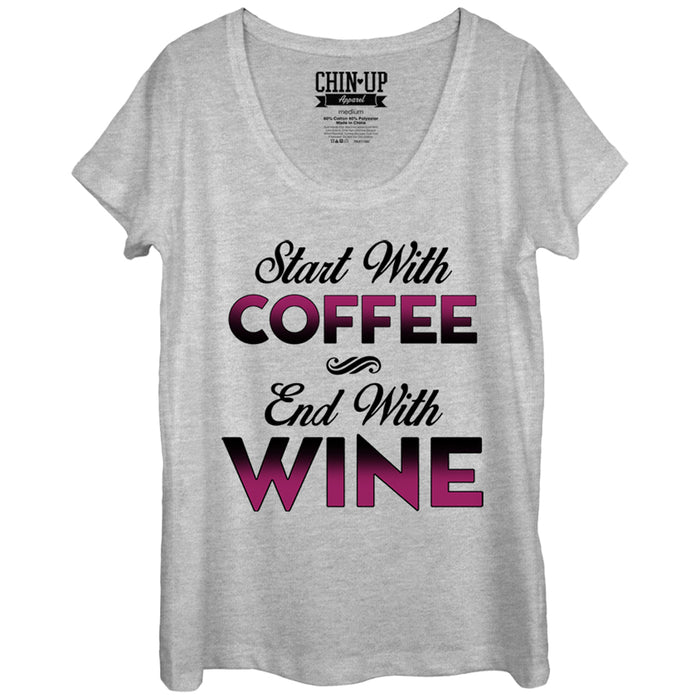 fifth sun Women's CHIN UP Start With Coffee End With Wine Scoop Neck