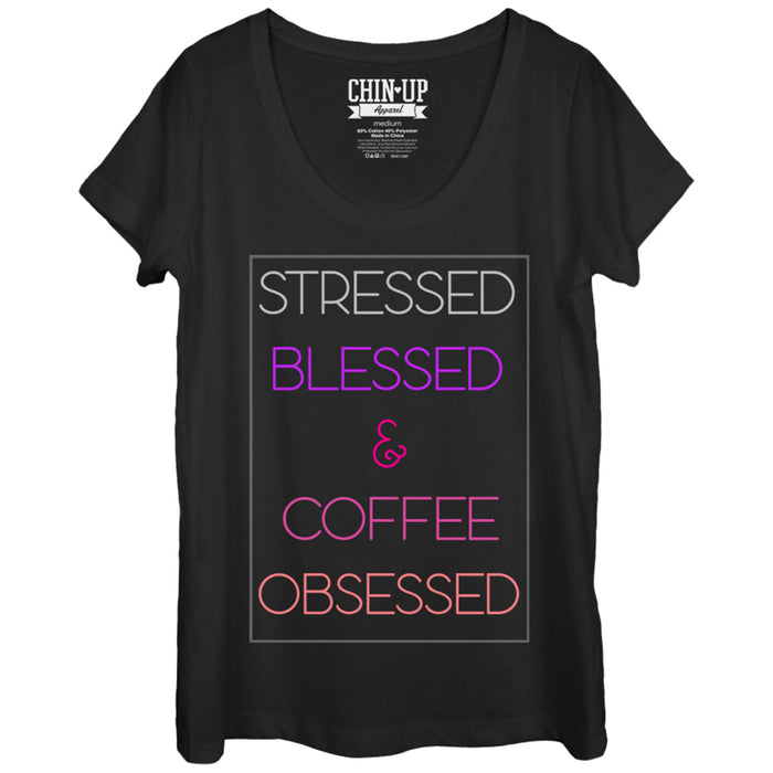 fifth sun Women's CHIN UP Stressed Blessed Coffee Obsessed Scoop Neck