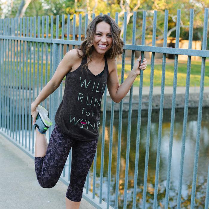 Fifth Sun Women's CHIN UP Will Run For Wine Glass Racerback Tank Top