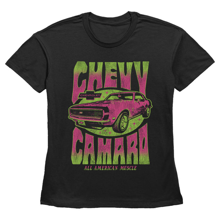 fifth sun Women's General Motors Retro Pink and Green Chevy Camaro T-Shirt