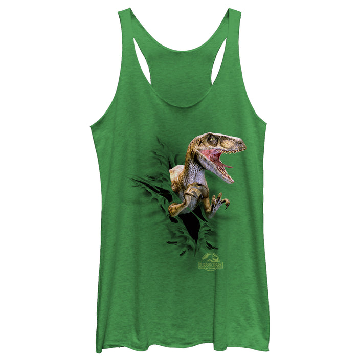 fifth sun Women's Jurassic Park Danger Velociraptor Tearing Through Racerback Tank Top