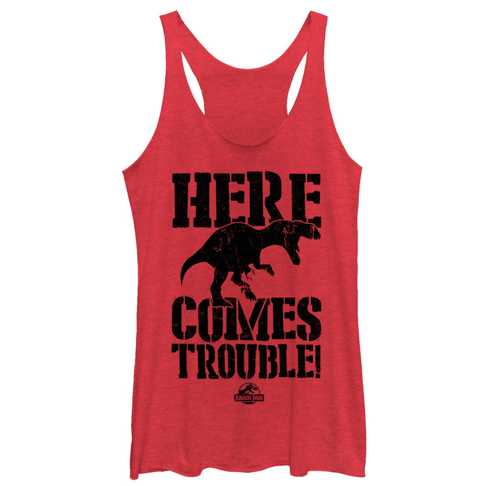 fifth sun Women's Jurassic Park Here Comes Trouble Racerback Tank Top