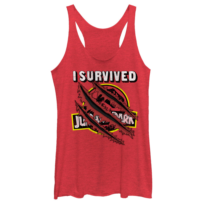 fifth sun Women's Jurassic Park I Survived The Island Raptor Claw Tear Racerback Tank Top