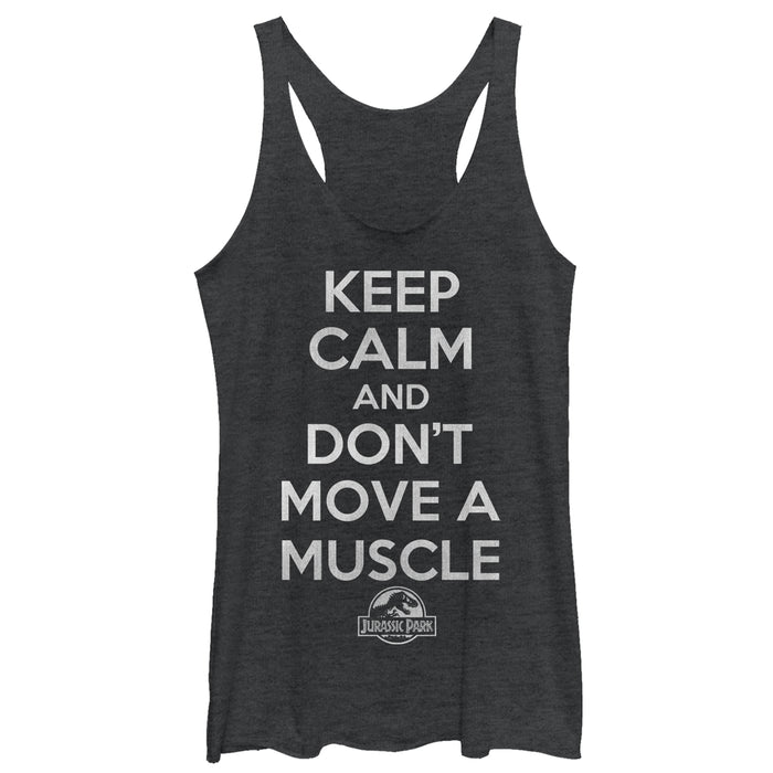 fifth sun Women's Jurassic Park Keep Calm and Don't Move a Muscle Racerback Tank Top