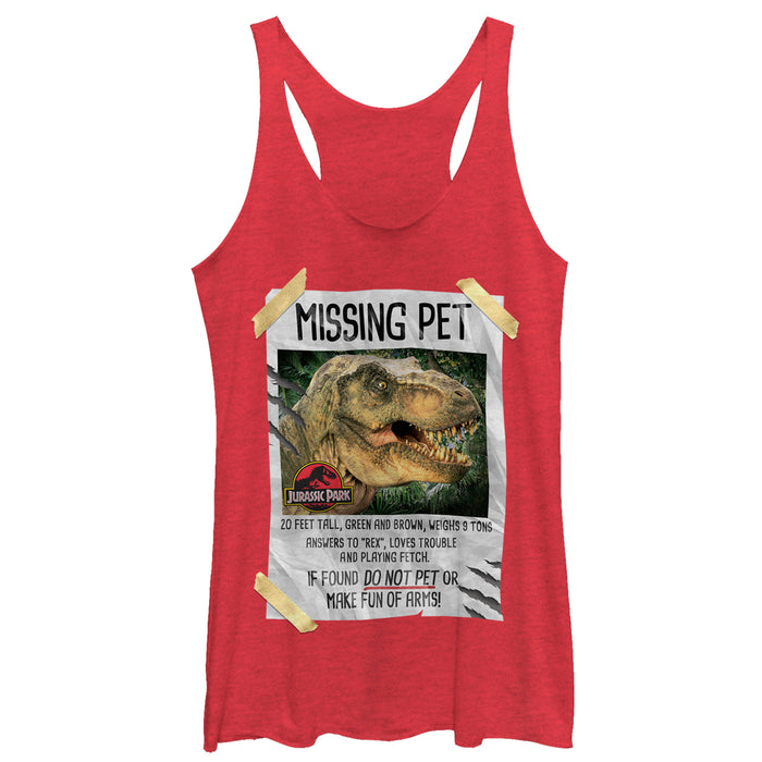 fifth sun Women's Jurassic Park T. Rex Missing Pet Racerback Tank Top