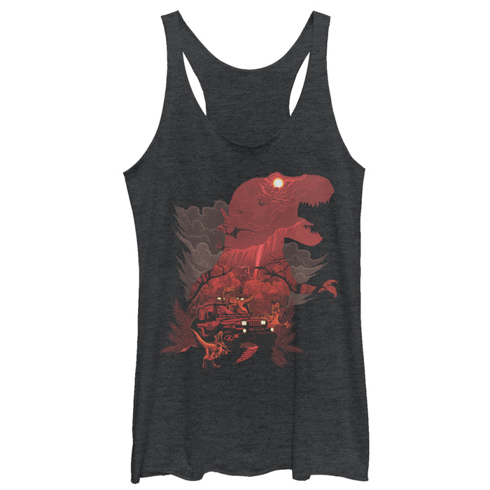 fifth sun Women's Jurassic Park T.Rex Velociraptor Invite You To Visit Beautiful Landscape Racerback Tank Top