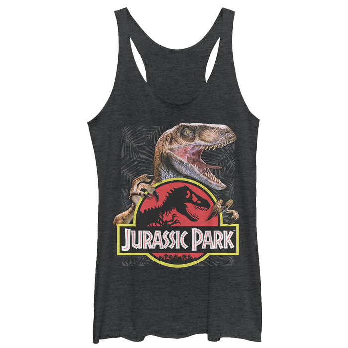 fifth sun Women's Jurassic Park Velociraptor Hooked On Logo Racerback Tank Top