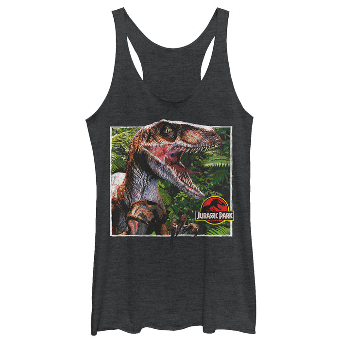 fifth sun Women's Jurassic Park Velociraptor Is Hunting You From The Jungle Racerback Tank Top