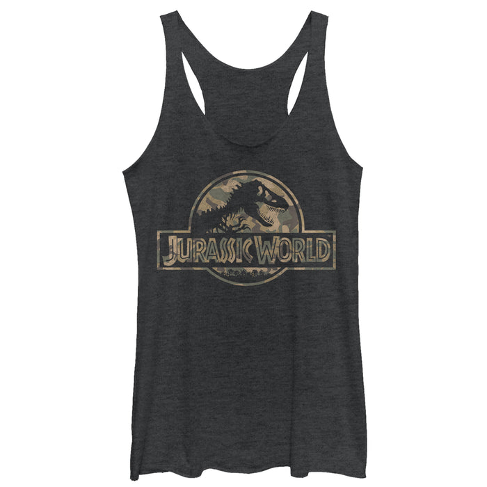 fifth sun Women's Jurassic World Camouflage Print Logo Racerback Tank Top