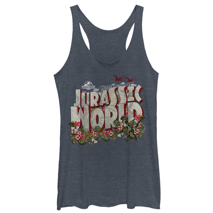 fifth sun Women's Jurassic World Greetings From Paradise Racerback Tank Top