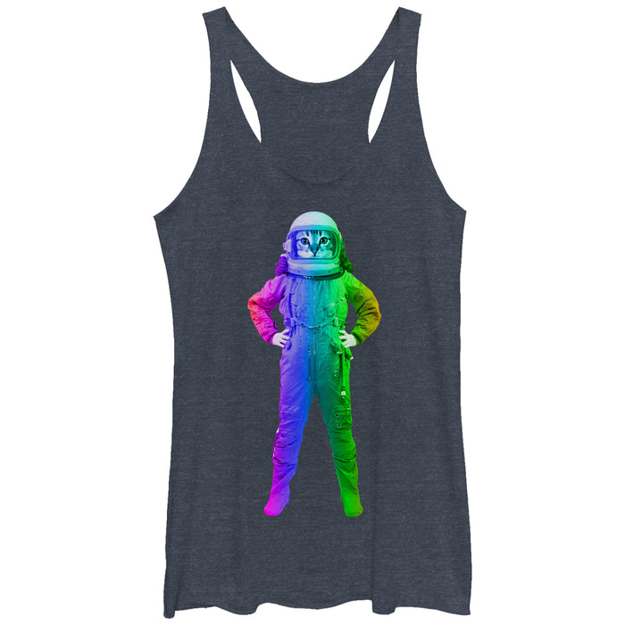 fifth sun Women's Lost Gods Cat Astronaut Rainbow Racerback Tank Top