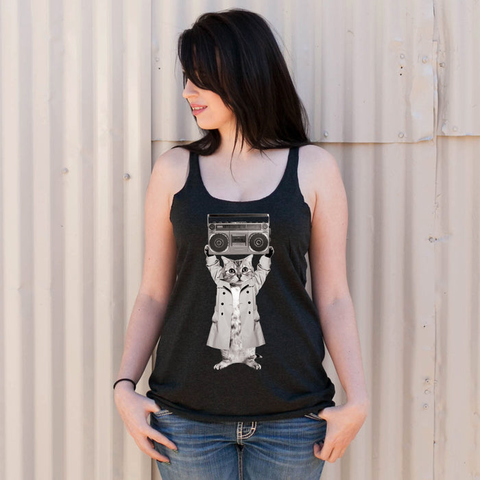 Fifth Sun Women's Lost Gods Trench Coat Boombox Cat Racerback Tank Top