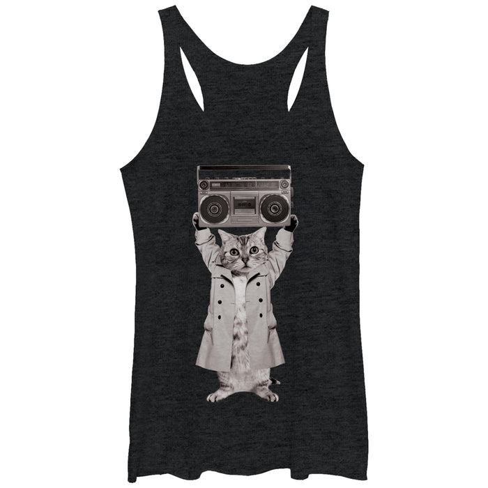 fifth sun Women's Lost Gods Trench Coat Boombox Cat Racerback Tank Top