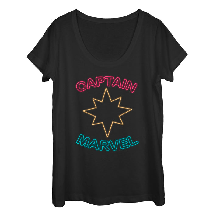 fifth sun Women's Marvel Captain Marvel Neon Print Star Scoop Neck