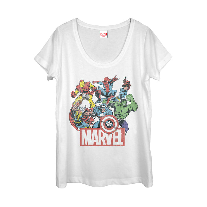 fifth sun Women's Marvel Classic Hero Collage Scoop Neck