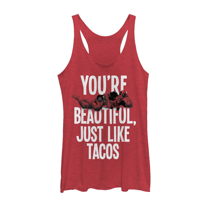 fifth sun Women's Marvel Deadpool Beautiful Just like Tacos Racerback Tank Top