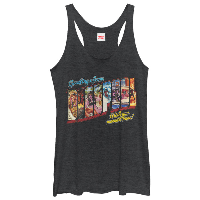 fifth sun Women's Marvel Deadpool Greetings From Vacation Racerback Tank Top