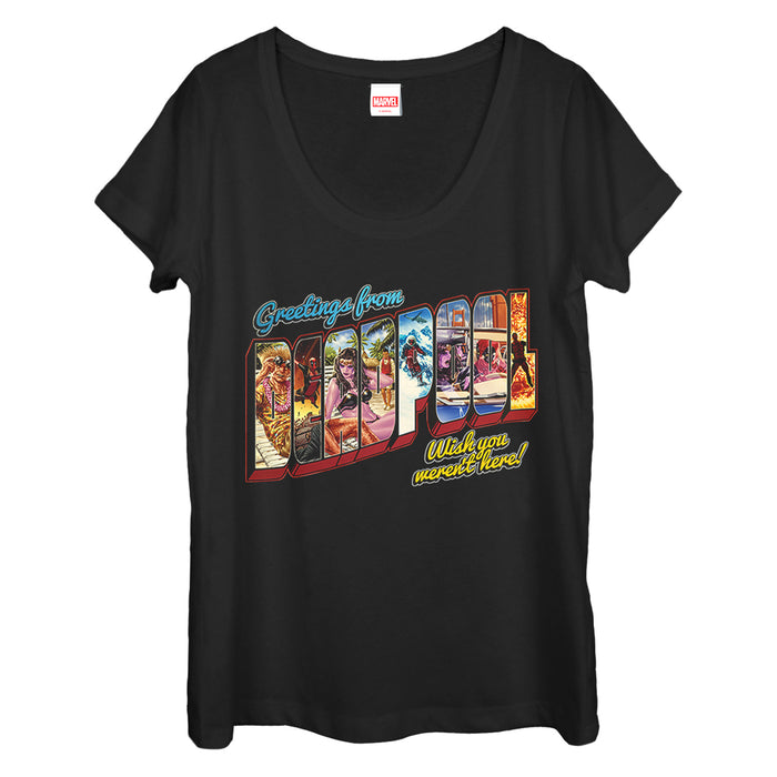 fifth sun Women's Marvel Deadpool Greetings From Vacation Scoop Neck