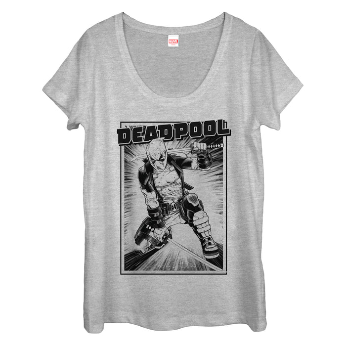 fifth sun Women's Marvel Deadpool Katana Grayscale Sword Pose Scoop Neck