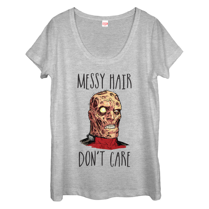 fifth sun Women's Marvel Deadpool Messy Hair Don't Care Scoop Neck