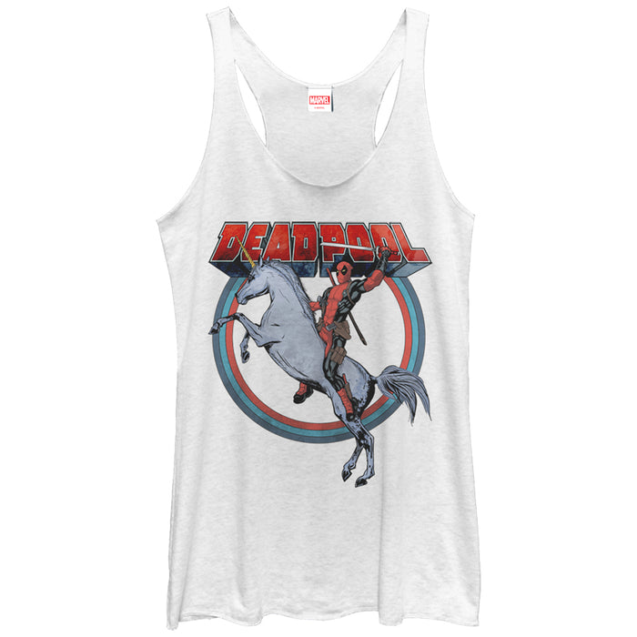 fifth sun Women's Marvel Deadpool Rides Unicorn Racerback Tank Top