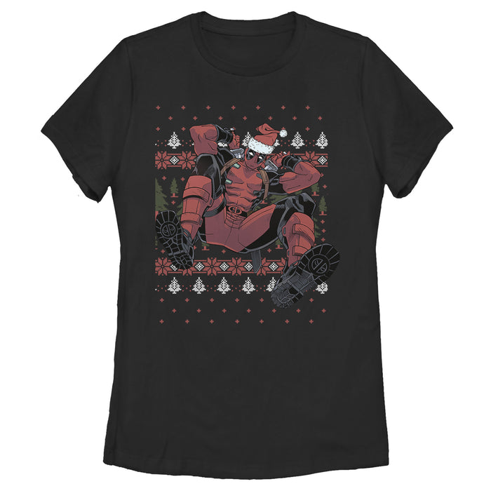 fifth sun Women's Marvel Deadpool Santa Hat Ugly Sweater Holiday T-Shirt