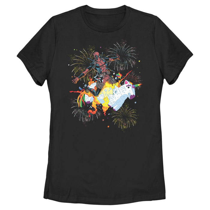 fifth sun Women's Marvel Fourth of July Deadpool Unicorn Fireworks T-Shirt
