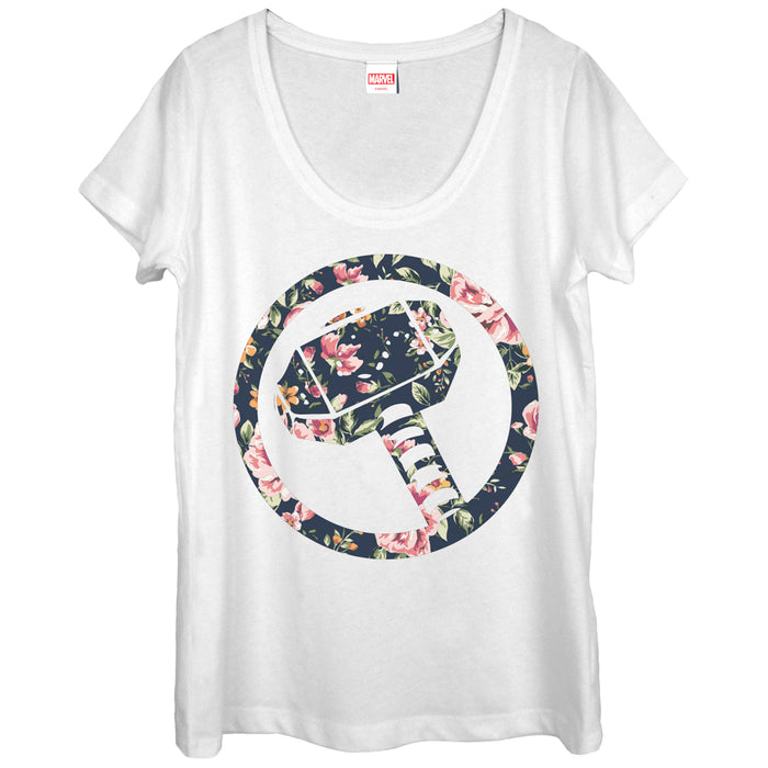 fifth sun Women's Marvel Hammer Thor Floral Print Scoop Neck