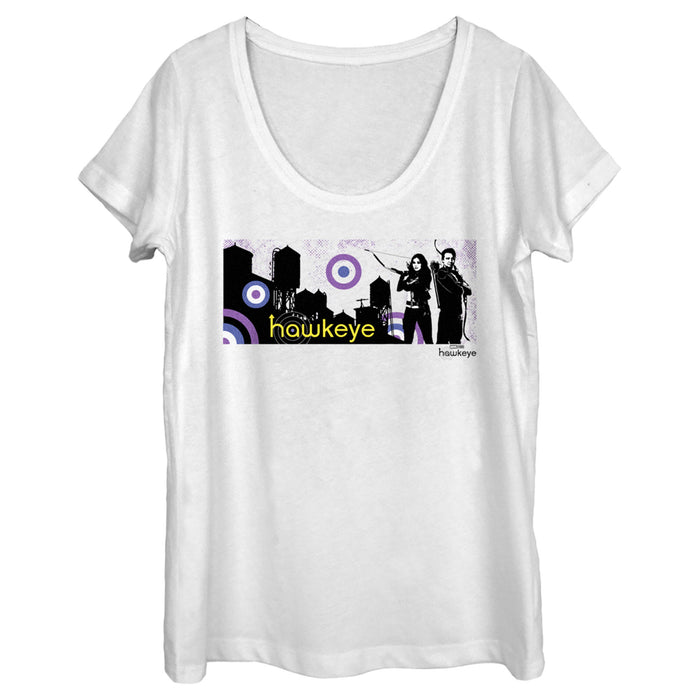 fifth sun Women's Marvel Hawkeye Cityscape Scoop Neck