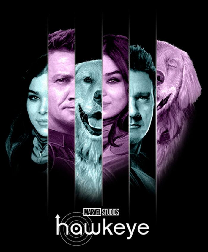 Fifth Sun Women's Marvel Hawkeye Kate Bishop And Lucky The Pizza Dog Split Panels T-Shirt
