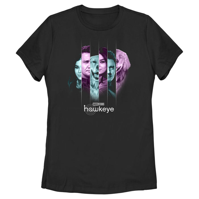 fifth sun Women's Marvel Hawkeye Kate Bishop and Lucky the Pizza Dog Split Panels T-Shirt