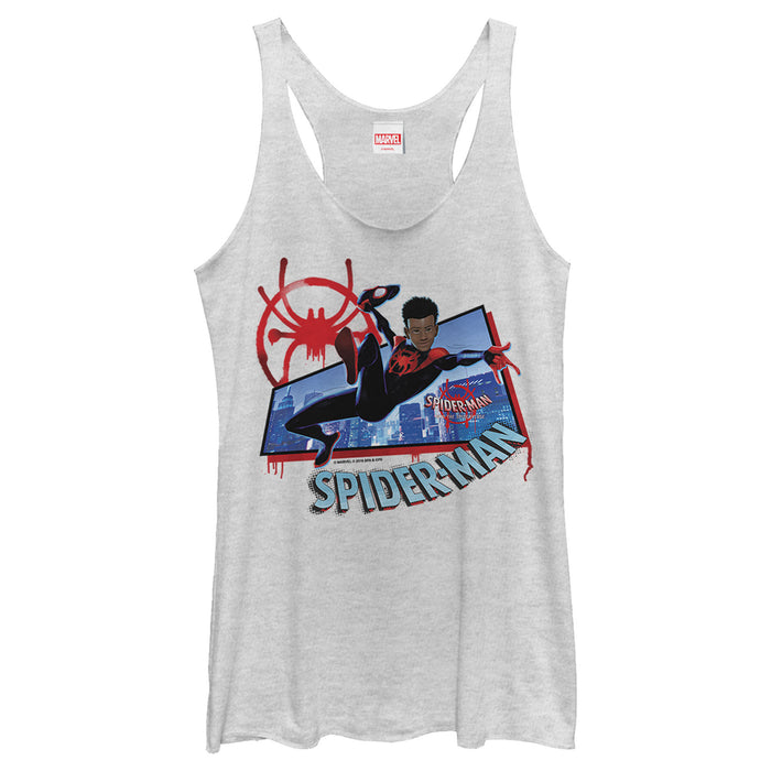 fifth sun Women's Marvel Spider-Man Spiderverse Miles Kick Above City Racerback Tank Top