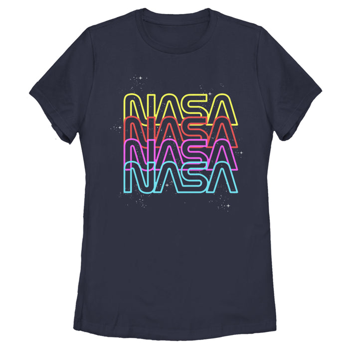 fifth sun Women's NASA Neon Rainbow Repeat Text Logo T-Shirt