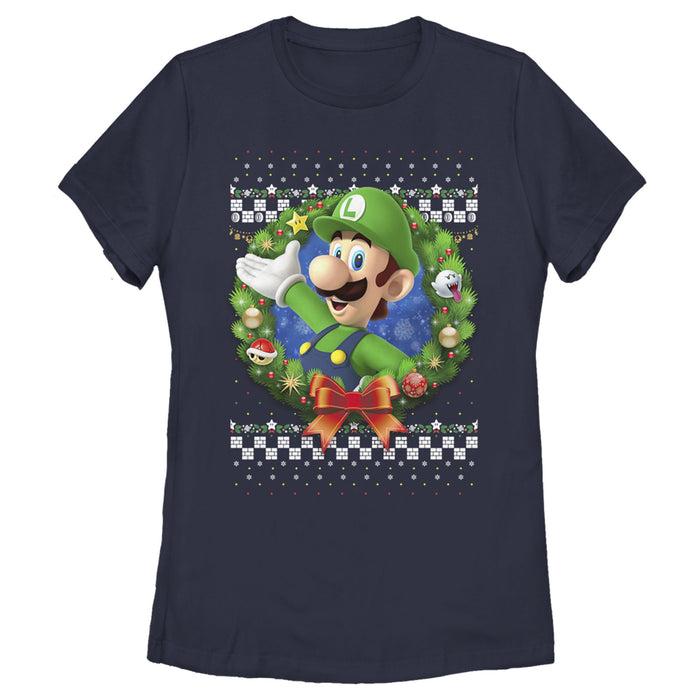 fifth sun Women's Nintendo Christmas Luigi Wreath T-Shirt