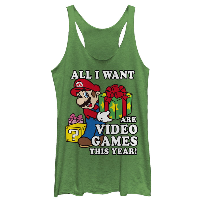 fifth sun Women's Nintendo Christmas Mario All I Want Are Video Games Racerback Tank Top